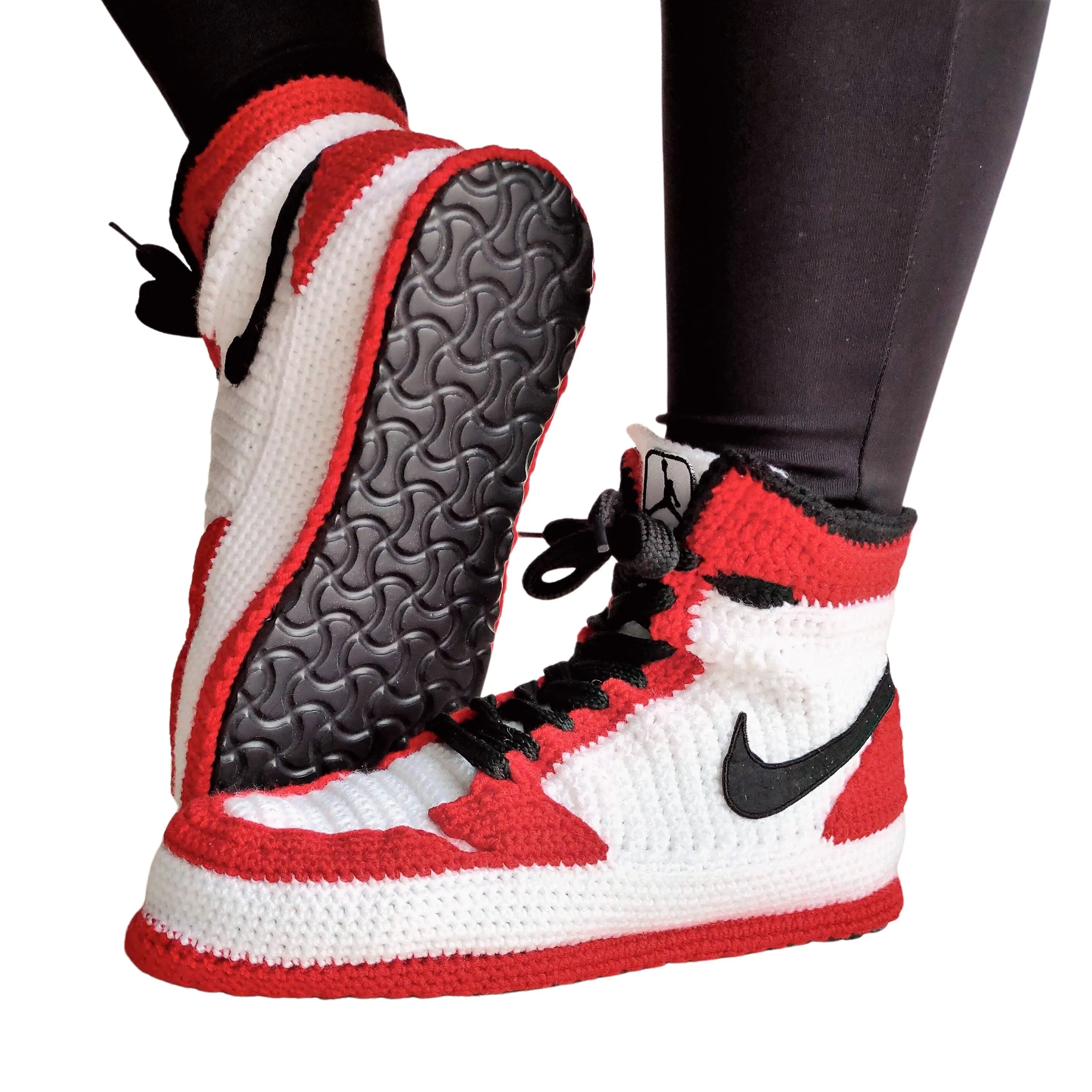 Handmade Jordan Bred Toe Sneakers Casual Wool Warm Crochet Home Cotton Knitting Slippers Plus