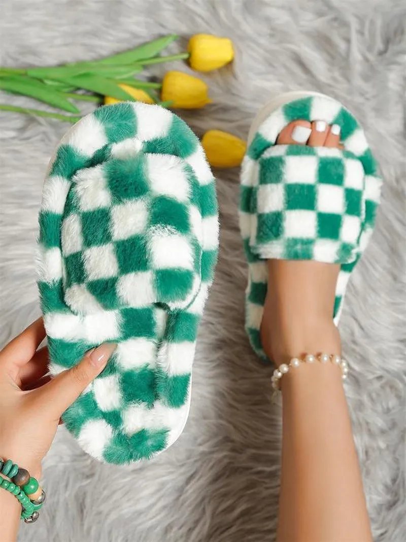 Women'S 1 Pair Minimalist Casual Plaid Print Plush Slippers, Simple Design Soft Cushioned Bedroom Slippers for Fall & Winter